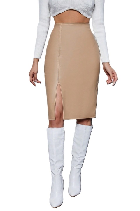 Fusta Dama, Din Piele Ecologica Cu Talie Inalta Si Fante Laterale, Maro, Maro deschis