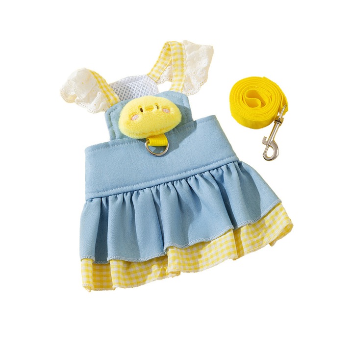 Каишка за колан във формата на рокля за кучета и котки, регулируема, идеална за разходка, удобна и стилна, устойчива на износване, памук, син/жълт