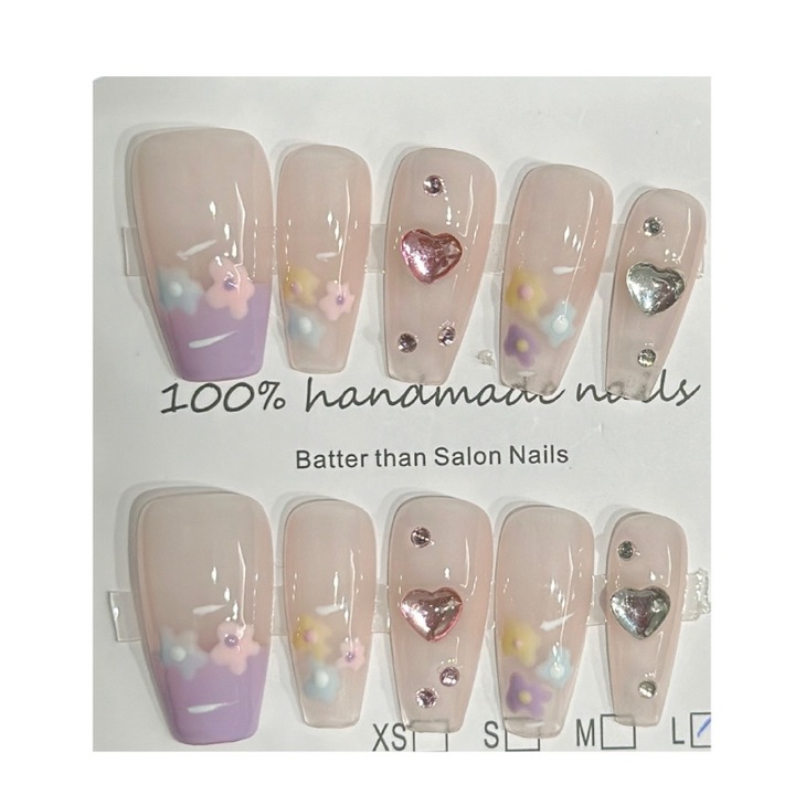 Unghii Press-On lucrate manual, Multicolor, Flori si Inima, Marime XS, Set 10 buc