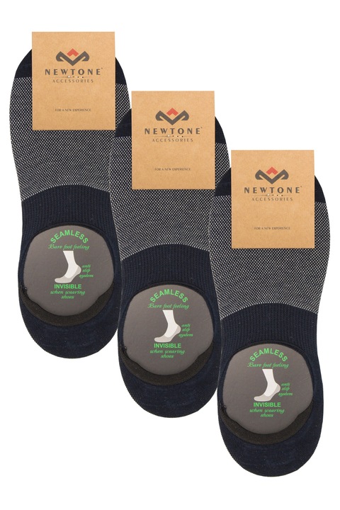 Set 3 Sosete Invizible Tip Talpici din Bambus, Newtone, BB12, Fara cusatura, Cu Silicon, Model cu jacard, Albastru marin/Gri deschis, 41- 43 EU