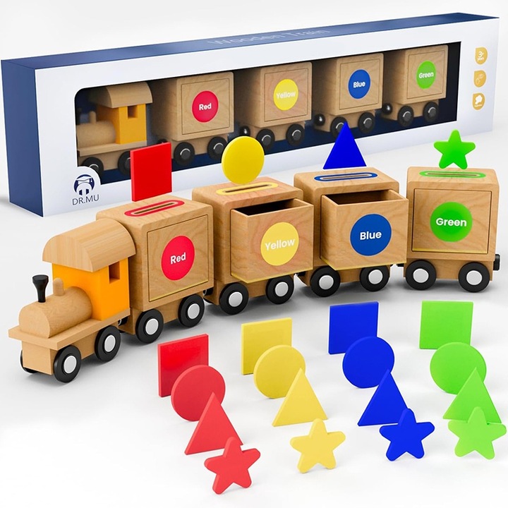 Tren din lemn, jucarie pentru sortarea culorilor Yupy®