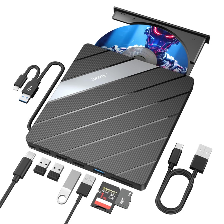 Външно оптично устройство WALALLA, DVD/CD RW ROM, USB 3.0/Type-C, Dual Layer, черно, 120mm/80mm