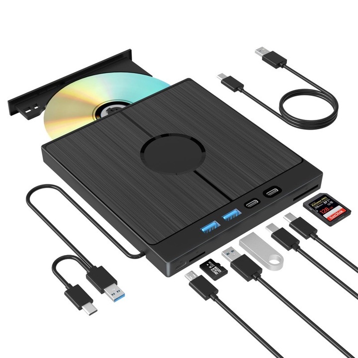 WALALLA външно оптично устройство, DVD записващо устройство 7 в 1, USB 3.0/Type-C, Plug & Play, черно, 14.5x15.5x1.5cm
