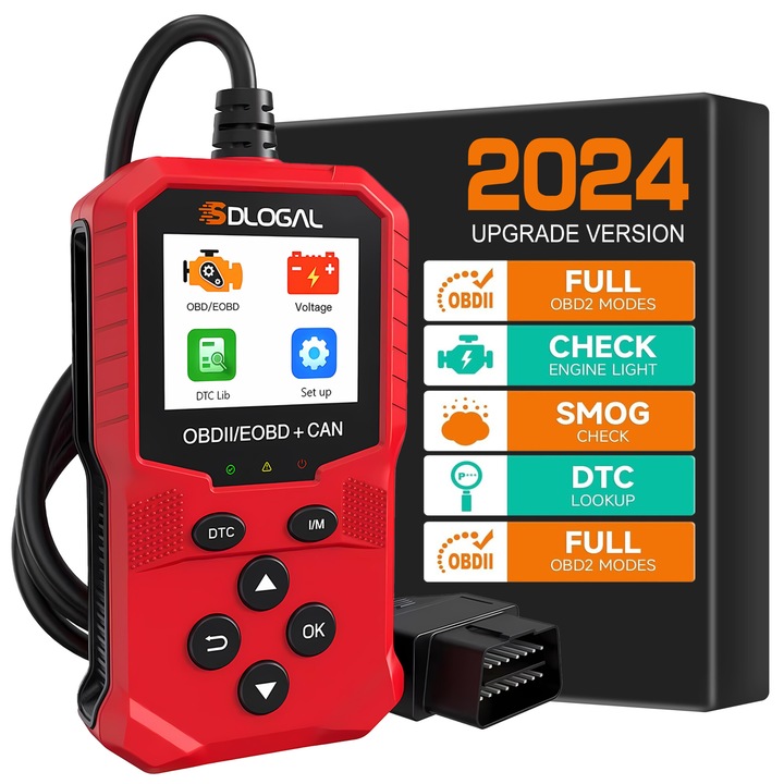 Automatikus diagnosztikai teszter, SDLOGAL, OBD II, Univerzális, hibakódok olvasásához/törléséhez, színes LCD képernyő, ABS/ESP/SRS, piros