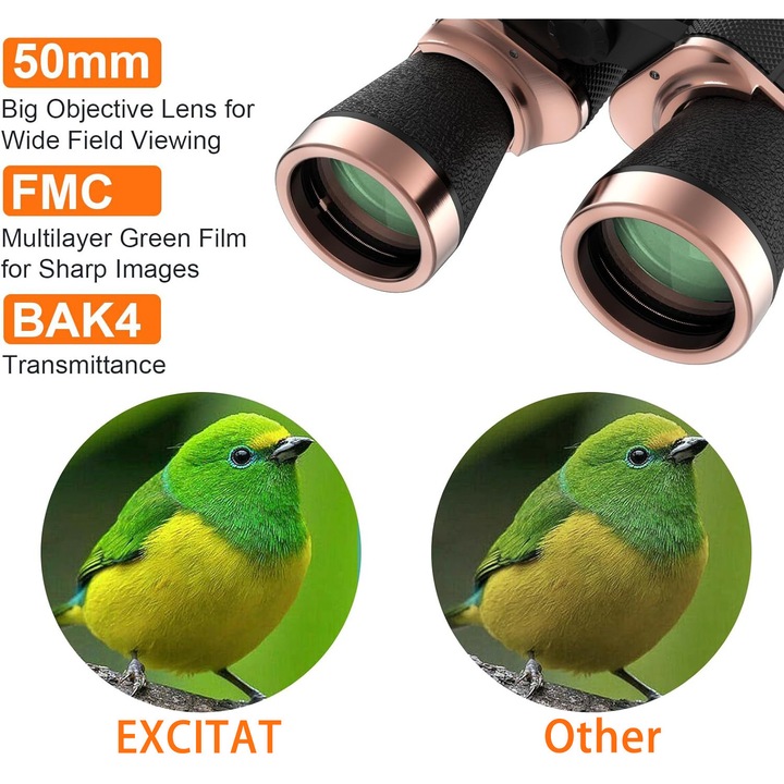 Binoclu 20x50 Excitat®️ Lentila BAK4 prisma FMC, HD, impermeabil, anti-fog, profesionala, Cu busola, Pentru Adulti Si Copii, Putere Mare De Focalizare Pentru Observarea Pasarilor, Vanatoare, Calatorii, Turism, Aur Negru