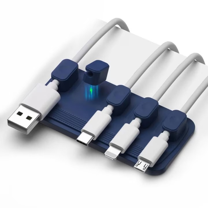 Organizator cabluri magnetic, set 5 clips, albastru, pentru Lightning, USB C, Micro, diverse suprafete