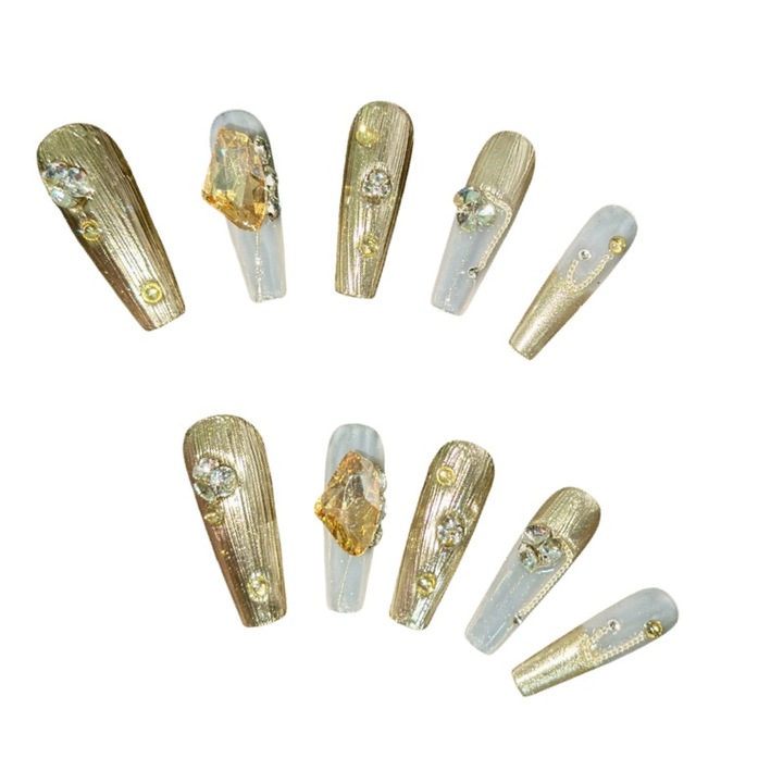 Unghii False Pres-On Handmade, Multicolor, Set 10 Piese, Strasuri, Marime XS