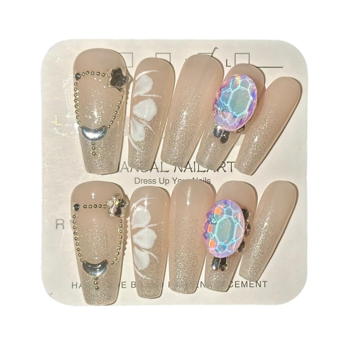 Kézzel készített rányomható műköröm, többszínű, 10 darabos készlet, L-es méret