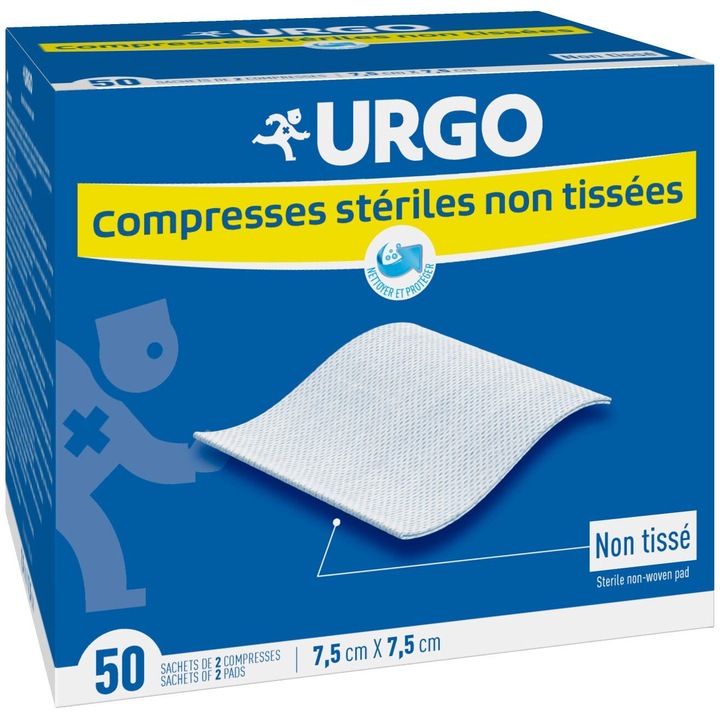 Comprese netesute sterile, Urgo, 7, 5 x 7, 5 cm, 50 plicuri a cate 2 comprese