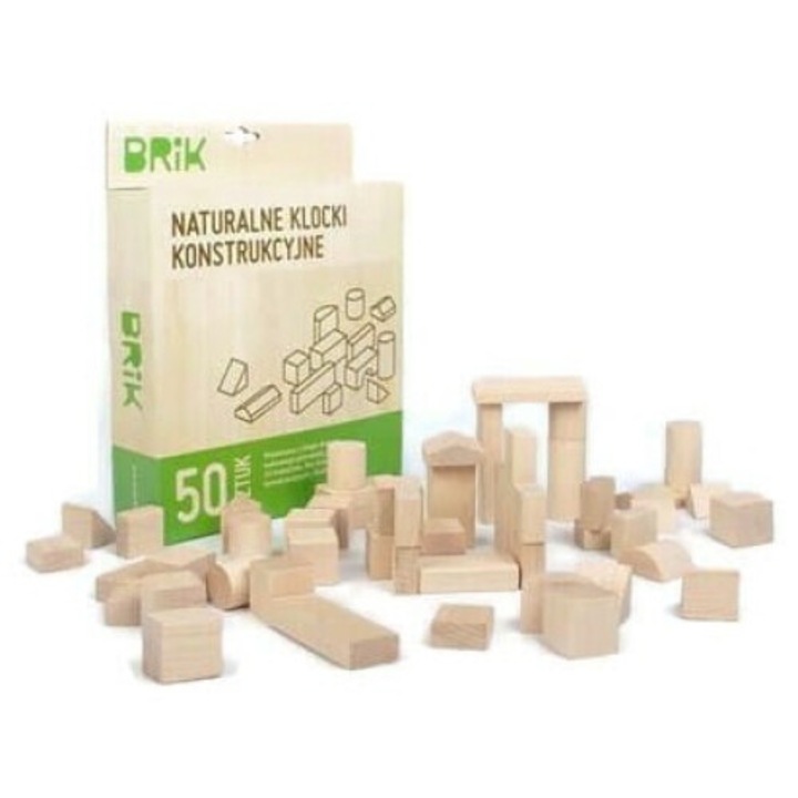 Set de constructie Brik, 50 piese, lemn de fag, natur, 3x3x1.5cm - 3x3x6cm