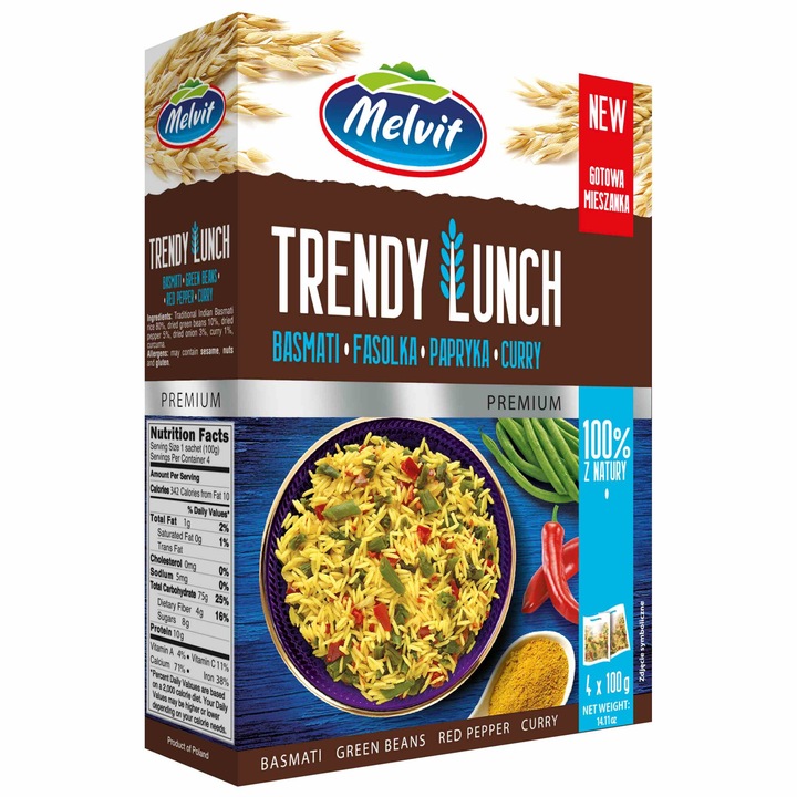 Orez cu legume Trendy Lunch Basmati, fasole verde, ardei, curry, 4x80g, Melvit