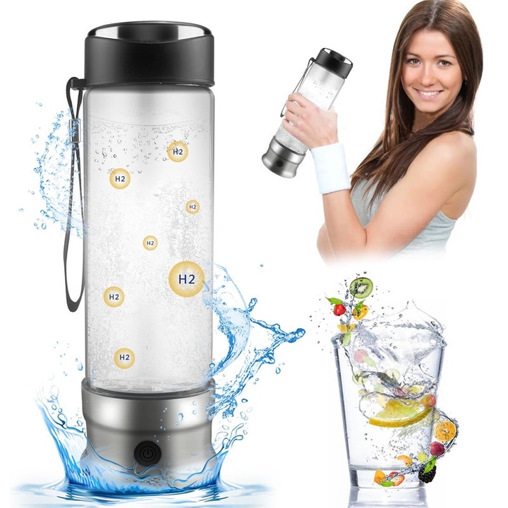 Бутилка генератор за хидрогенирана/йонизирана вода, WALALLA, 410 ml, LED дисплей, зареждаща се през USB, концентрация на водород до 1200-1400 Ppb, преносима, 700 mAh, сребриста