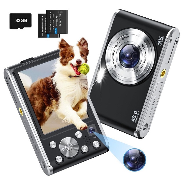 WALALLA kompakt fényképezőgép, 2,8 hüvelykes képernyő, 48 MP, 16x digitális zoom, dupla kamera, fekete, 32G, 0,35 kg