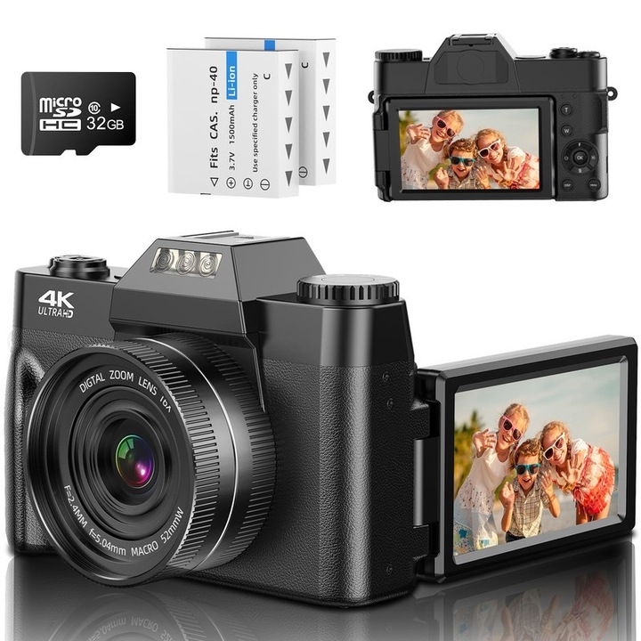 Aparat foto digital, Walalla, ecran de 3 inci, cu WIFI, 4K HD, ecran rotativ la 180 de grade, zoom optic 16x, include card de memorie de 32 GB, doua baterii, potrivit pentru calatorii in familie, adulti/copii, negru