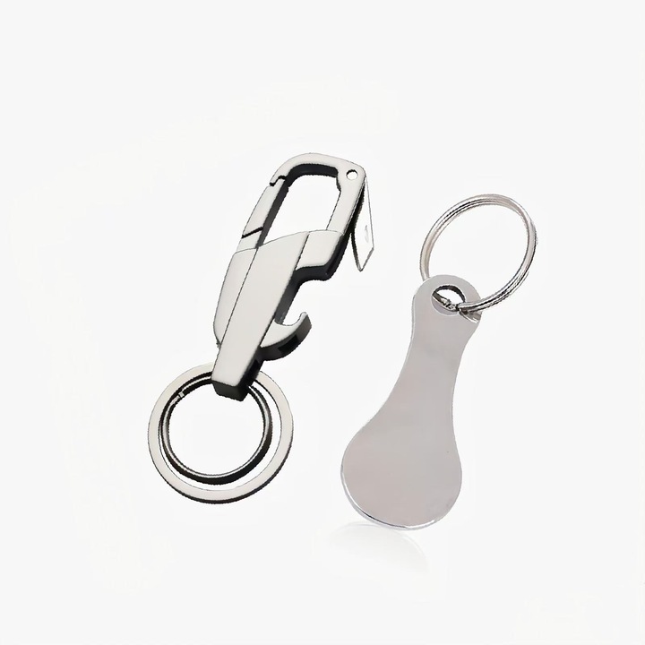 Multifunkcionális kulcstartó, sörnyitó, babakocsi kioldó, ajándék készlet, rozsdamentes acél, ezüst
