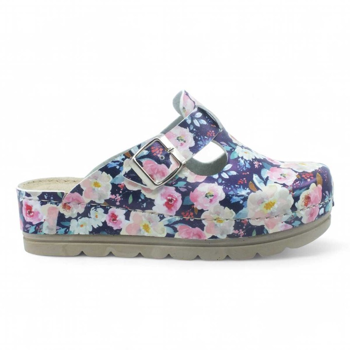 Saboti medicali, dame, Dr. Schwarz, piele ecologica, cu talpa groasa, floral, Albastru, 38 EU