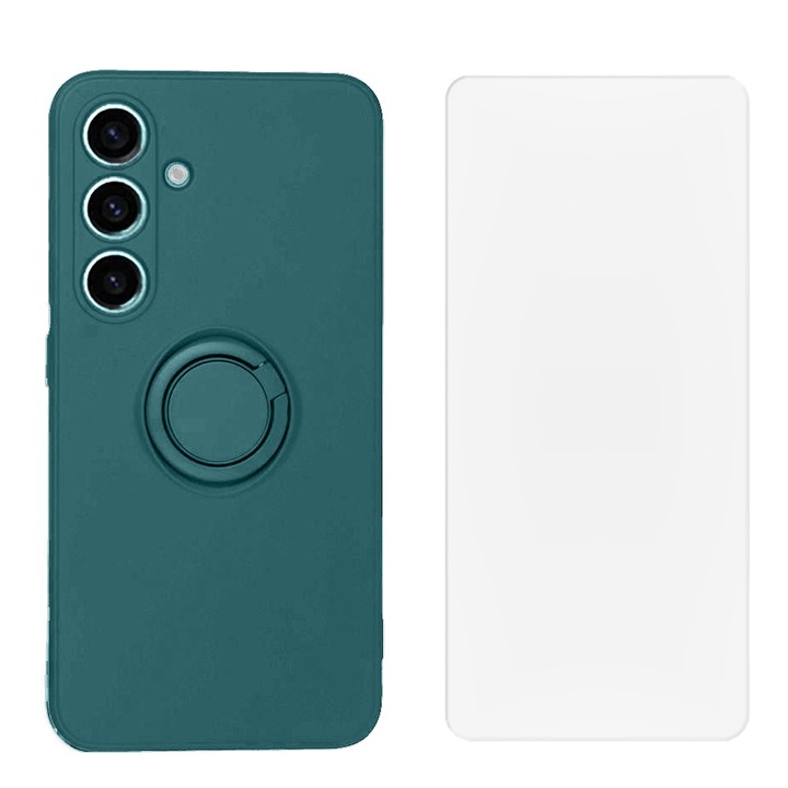 Защитен комплект за Samsung Galaxy A55 5G, цветен пръстен и капак от фолио, устойчив силикон, микрофибър, против надраскване, против удар, 360 метален пръстен, защита на камерата, повдигнати ръбове, тъмнозелен