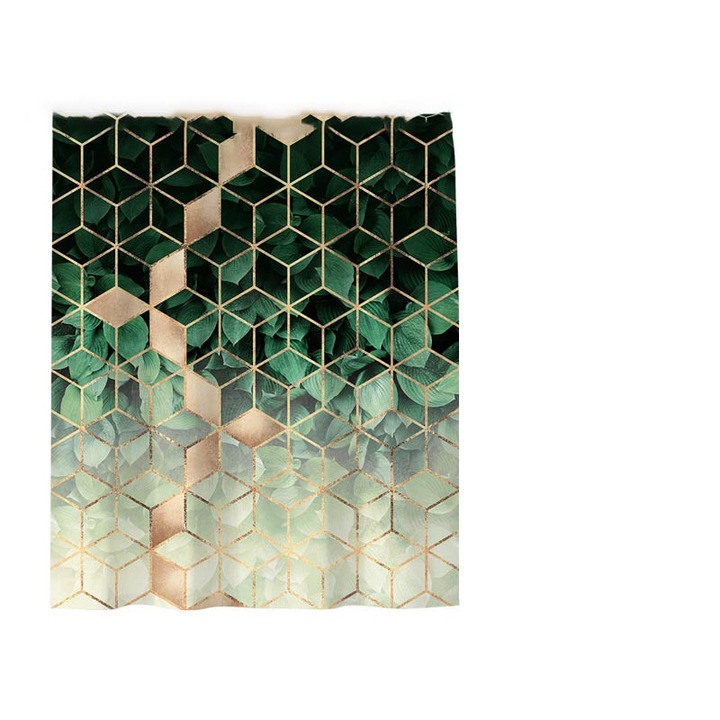 Perdea de dus Sunmostar, poliester impermeabil, model geometric, verde si auriu, 120x180cm