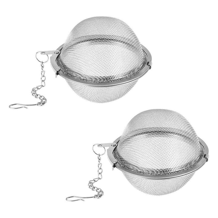 Комплект от 2 инфузера за чай, SINBINTA, Дизайн на кука, Ултра фина мрежа, Лесен за почистване, Устойчив на високи температури, Многократна употреба, Съвместим с подправки, Билки, Неръждаема стомана, Диаметър 5 см, Сребро