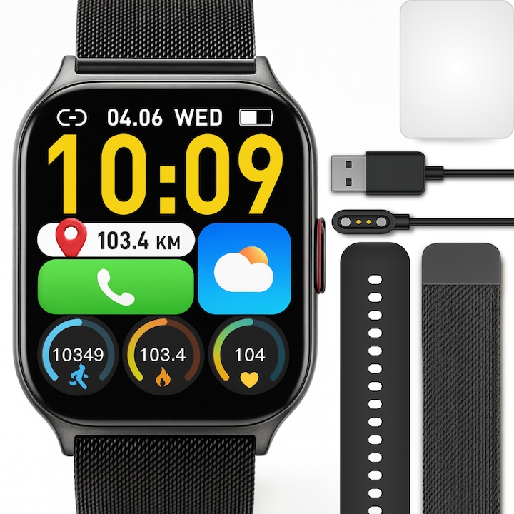 Ceas Smartwatch Barbati TechONE® Wand Pro, 2 inch SUPER AMOLED, Inteligent, Fitness, Sport, Apel Bluetooth HD, Multi Sport, Ritm Cardiac Multi Point, SpO2, Tensiune, Oxigen, Limba Romana, Carcasa Metalica, 2 Curele, IP68, Negru