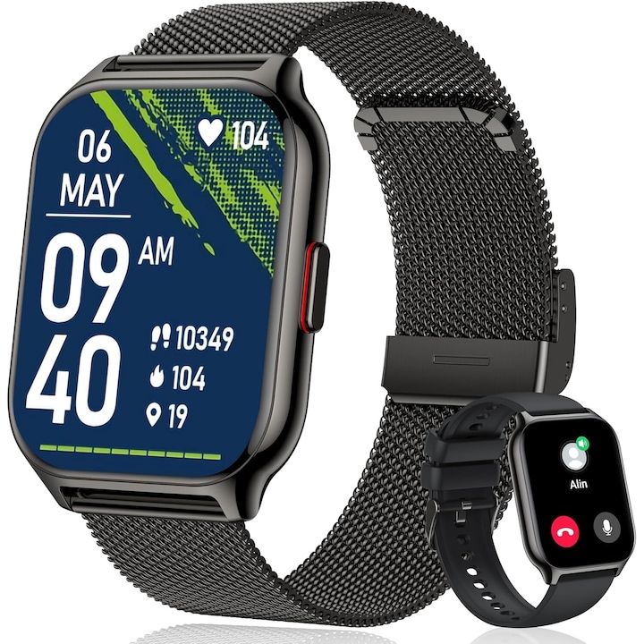 TechONE® Wand Pro okosóra, 2"SUPER AMOLED, intelligens, Bluetooth HD hívás, multisport, többpontos pulzusszám, SpO2, vérnyomás, oxigén, fém tok, 2 szíj, IP68, fekete