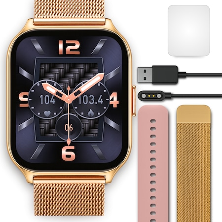 Ceas Smartwatch Femei TechONE® Wand Pro, 2 inch SUPER AMOLED, Inteligent, Fitness, Sport, Apel Bluetooth HD, Multi Sport, Ritm Cardiac Multi Point, SpO2, Tensiune, Oxigen, Limba Romana, Carcasa Metalica, 2 Curele, IP68, Auriu