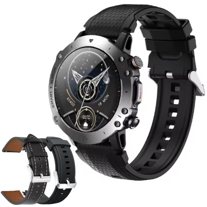 Ceas smartwatch barbati, HW6, by i4FIT®, Ecran tactil de AMOLED 1.52", Rezolutie 480x480, Initiere/Preluare Apel, Asistent vocal, ChatGPT, Difuzor si Microfon incorporat, Apel Bluetooth, Carcasa aliaj Zinc, 2 curele, Negru