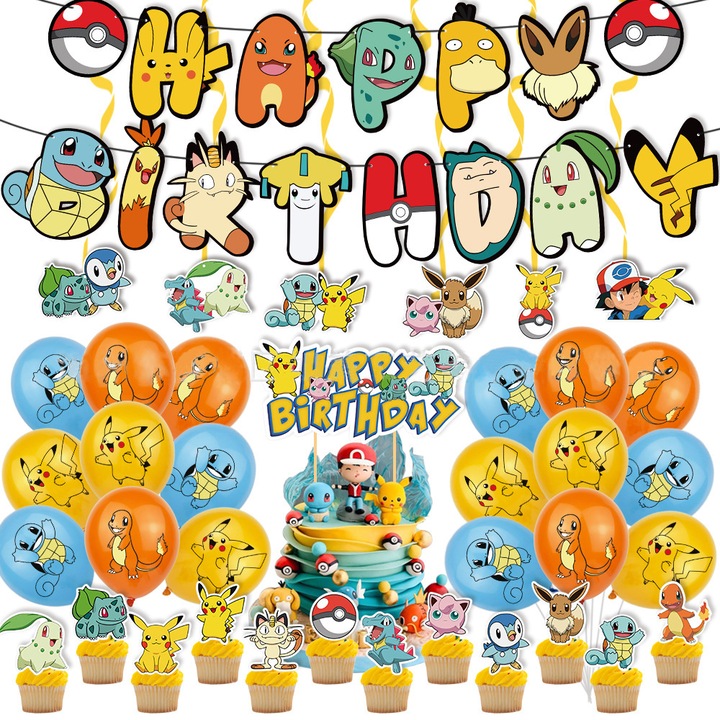 18 db-os gyermeklufi készlet, Pokemon téma, Születésnapi Party, Fantasy, Pokémon téma, 1 Boldog születésnapot szalaghirdetés, 12 Cupcake Topper, 1 Tortafedele, 6 spirális bűbáj, Többszínű