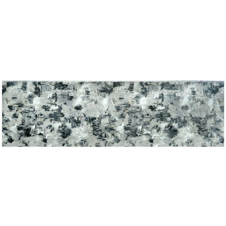 Traversa moderna, cu imprimeu geometric, densitate noduri 50 000/mp, Inaltime fir 15 mm, Tesut mecanic si antiderapant, Gri, 60x200 cm