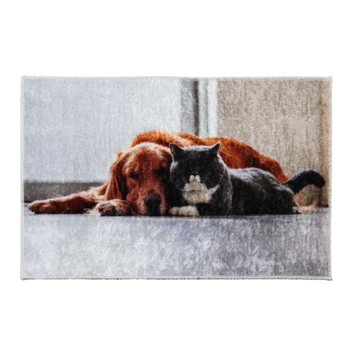 Covor bucatarie Byd FTH1020, model animale, 60 x 90 cm, poliester, gri + maro, dreptunghiular