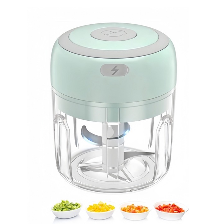 Mini tocator electric portabil pentru usturoi, legume, fructe, nuci, piure, cu incarcare pe USB, 250ml, verde