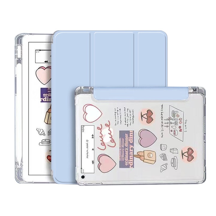 Husa tableta BGHYHYHI pentru iPad 10.2 inch, transparenta, suport pentru creion Apple, functie auto sleep/wake, albastra