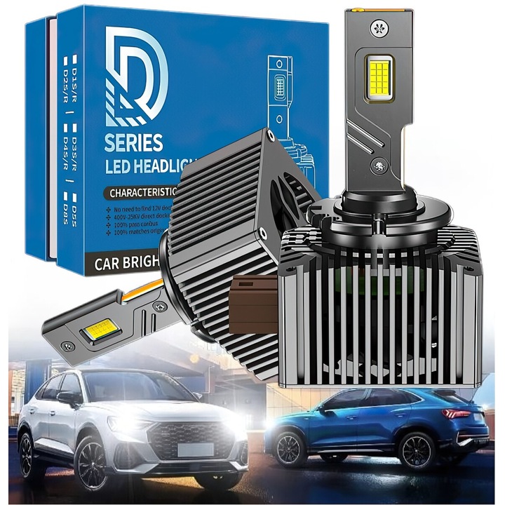 Комплект от 2 автокрушки с LED D1S EXCITAT® Premium, 60w, 10000 лумена, 6000K, 12V, с вентилатор, без грешки, Canbus, IP68 водоустойчиви, черни