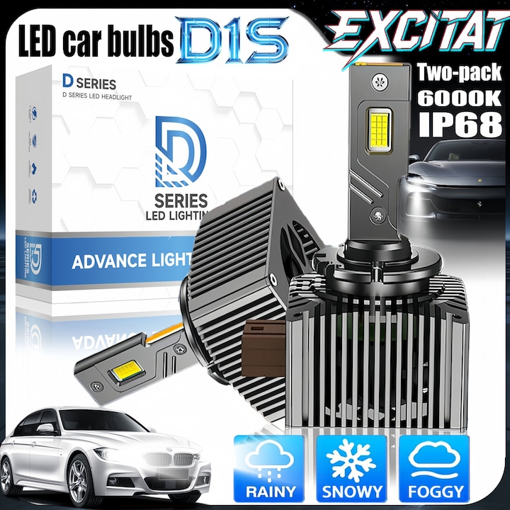 Set 2 Becuri LED Auto D1S EXCITAT® Premium, Single 50w, 10000Lumeni, 6000K, 12V, Cu ventilator, fara eroare, Canbus, IP68 impermeabil, Negru