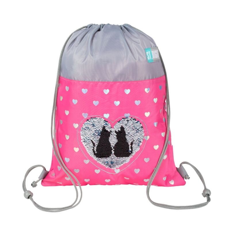 Rucsac cu snur pentru copii St.Right Sequin Cats roz cu gri