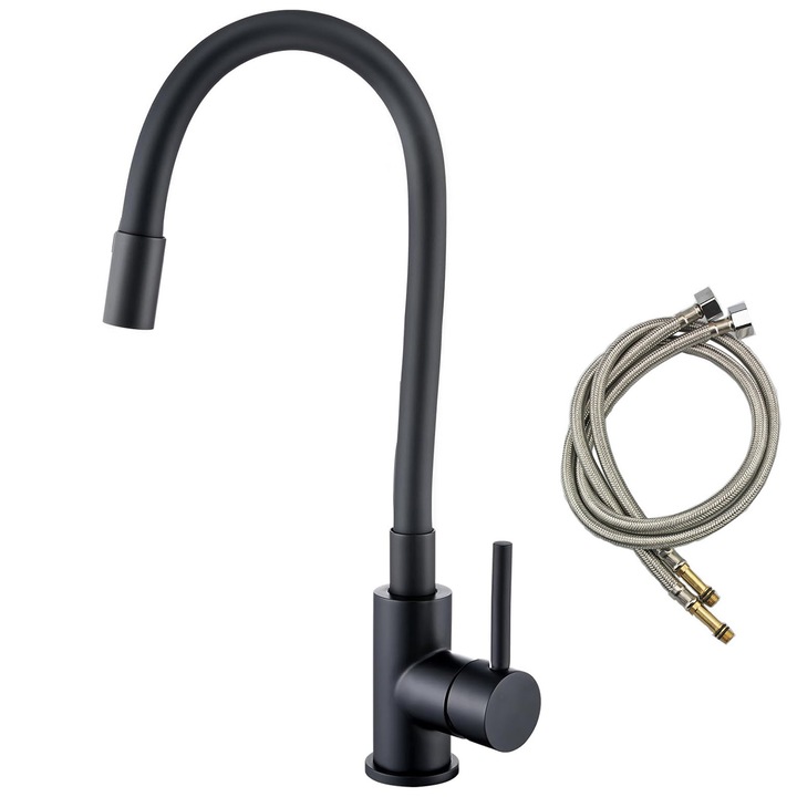 Кухненски смесител Zggzerg, С силиконово покритие, С маркуч, Единичен контрол, Топло/Студено, Гъвкав, 360 ° въртене, Висок чучур, Керамична касета, Антиръжда, Устойчив на износване, Устойчивост на корозия, Неръждаема стомана, Черен