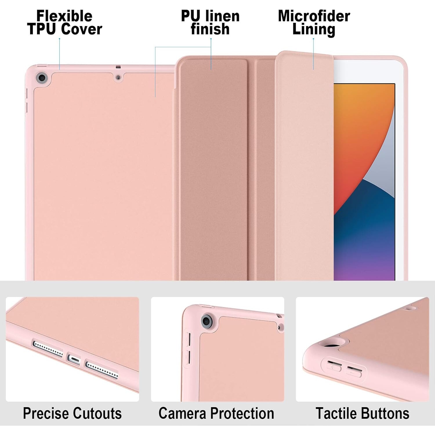 Husa tableta AMRINUGL pentru iPad 10.2 inch, cu suport pentru stilou, roz, 7th-9th generatie