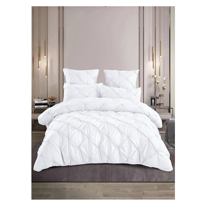 Lenjerie finet pentru pat dublu, 6 piese cu pliuri brodate alba