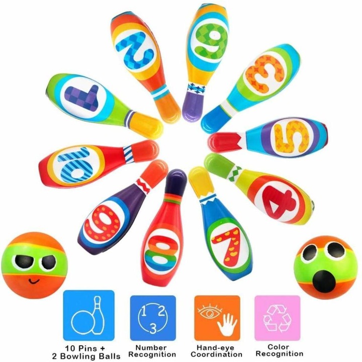 Комплект за боулинг за деца, включва 10 номерирани пластмасови кегли за боулинг за реалистично боулинг изживяване, развива грубите двигателни умения за дейности на закрито и открито Enforose