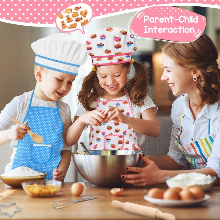 Set bucatarie copii, sort roz, 3-6 ani, accesorii lemn si textile