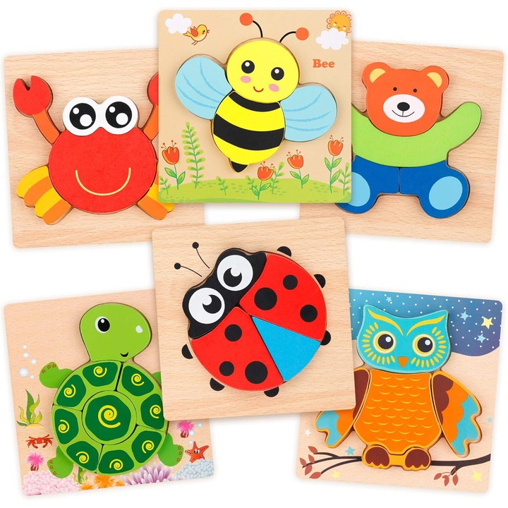 Комплект пъзели, Дървени, С форми на животни, Играчка Монтесори, Ярки цветове, 3D, За деца 3-6 години, 6 части