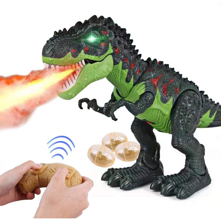 Jucarie realista cu dinozaur la distanta pentru baiat de peste 3 ani, jucarie cu dinozaur care se plimba imita Tyrannosaurus Rex, jucarie interactiva cu dinozaur cu simulari si lumini de pulverizare a ceata