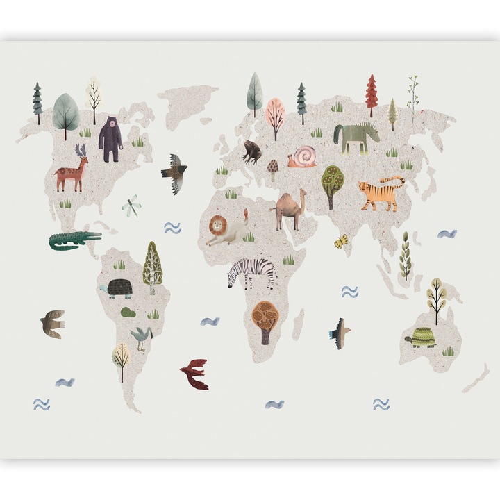 Fototapet Autoadeziv - Beige World - Continents With Animals in Muted Colours - 196 x 140 cm