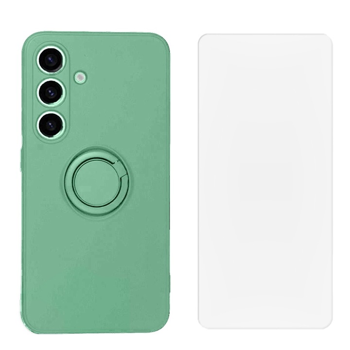 Калъф и протектор за Samsung Galaxy A35 5G, устойчив силикон, микрофибър, против надраскване, против удар, 360 метален пръстен, защита на камерата, повдигнати ръбове, светлозелен