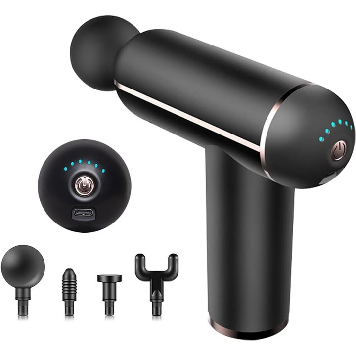 Aparat de masaj AMRINUGL, pistol de masaj mini, 4 capete de masaj, portabil, silentios, pentru relaxare muschi, incarcare USB, 20x5x5cm