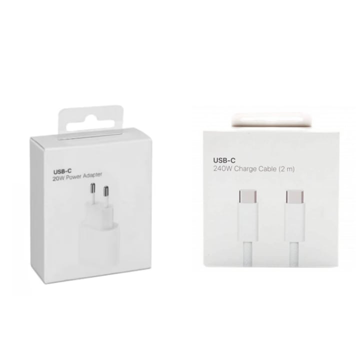 Kit de incarcare rapida 20W USB-C si Cablu de date USB-C-C Woven 240W, 2m, compatibil cu iPhone 15pro, 15promax, iPad Pro 2020