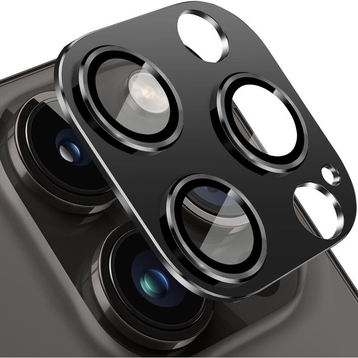 Folie protectie camera, pentru iPhone 15 Pro/Pro Max, sticla temperata 9H, antizgarieturi, negru