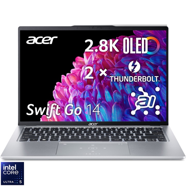 Laptop Acer Swift Go 14 OLED SFG14-73-55CQ cu procesor Intel® Core™ Ultra 5 125U pana la 4.3GHz, 14'', OLED, 2.8K, 16GB LPDDR5X RAM, 512GB SSD, Intel® Graphics, No OS, Pure Silver