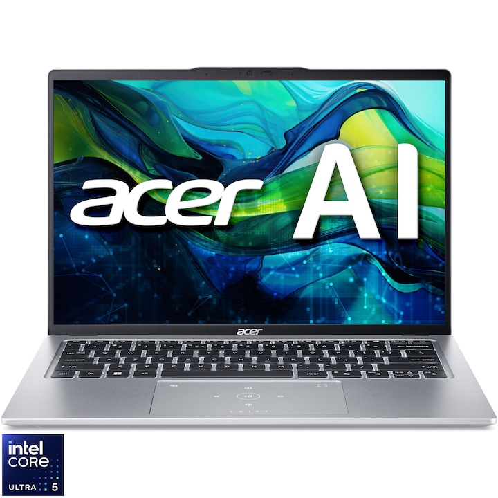 Laptop Acer Swift Go 14 SFG14-73-51WM cu procesor Intel® Core™ Ultra 5 125U pana la 4.3GHz, 14'', WQ2.2k IPS Display, 16GB LPDDR5X RAM, 1TB SSD, Intel® Graphics, No OS, Pure Silver