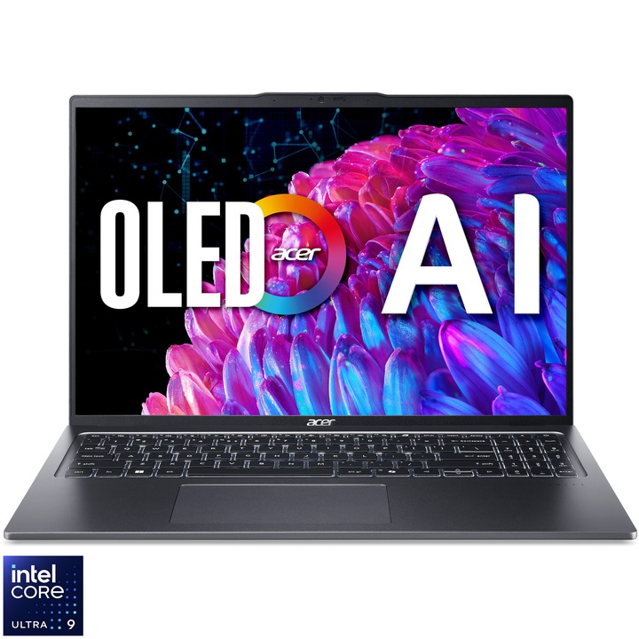 Laptop Acer Swift Go 16 OLED SFG16-72-97WA cu procesor Intel® Core™ Ultra 9 185H pana la 5.1GHz, 16'', OLED, 3.2K, 120Hz, 32GB LPDDR5X RAM, 2TB SSD, Intel® Arc™ Graphics, Windows 11 Home, Steel Gray